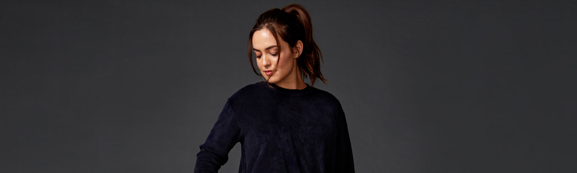 Female model wearing the Sundry Velour Side Zip Sweatshirt
