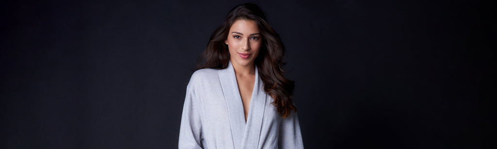 Female model wearing the Arlotta Classic Collection Long Cashmere Robe