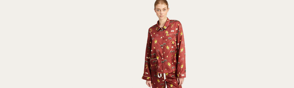 Female model wearing the Morgan Lane Forbidden Fruit Ruthie Pajama Top