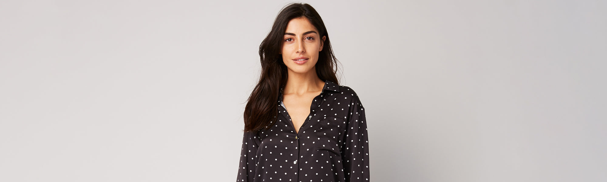 Female model wearing the Asceno Mini Polka PJ Top