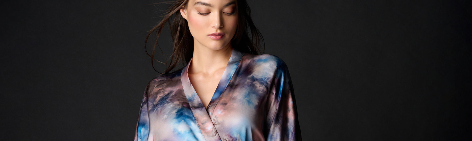 Female model wearing the Samantha Chang Short Robe