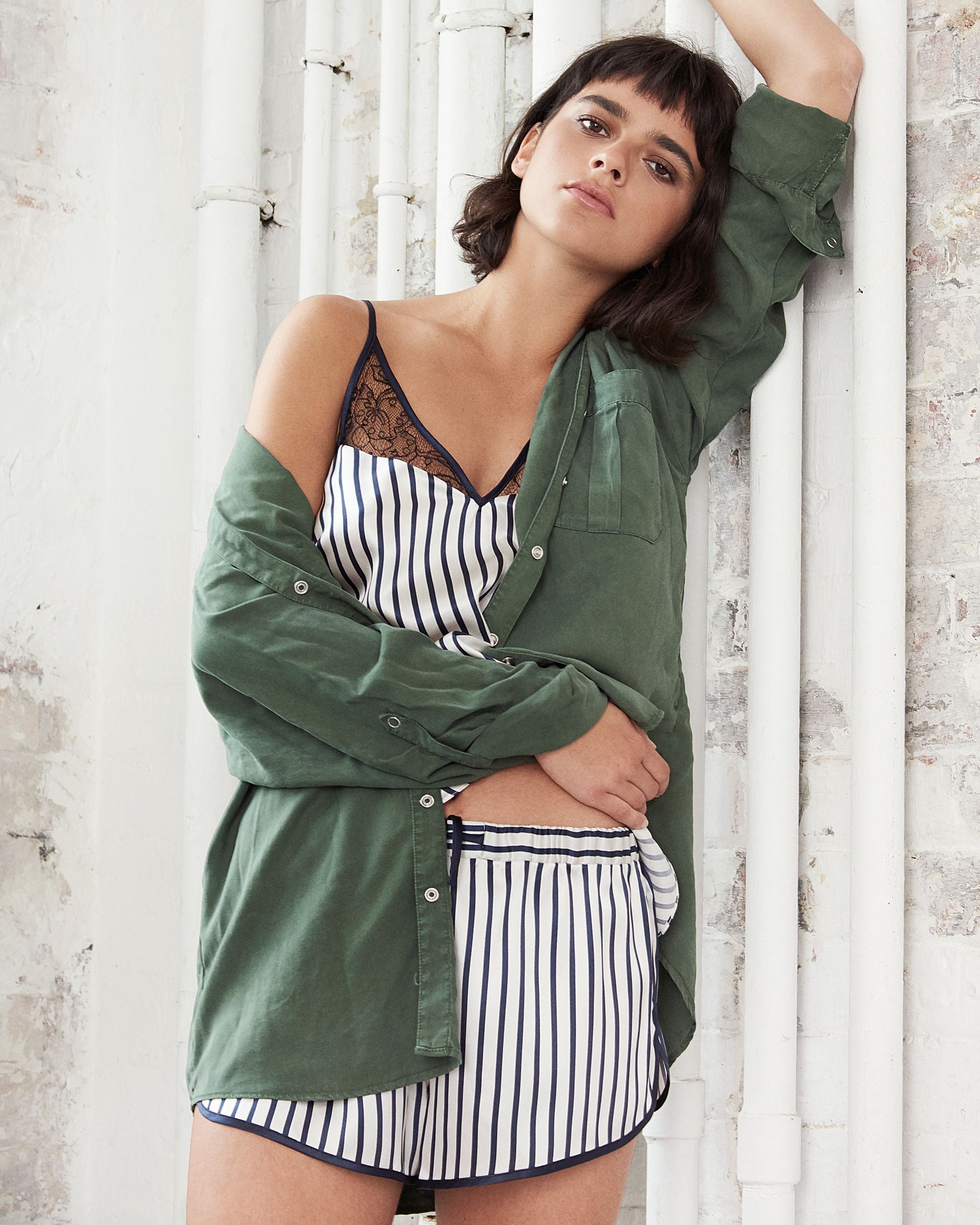 Violet & Wren Regency Stripe Lace Apex Cami in blue