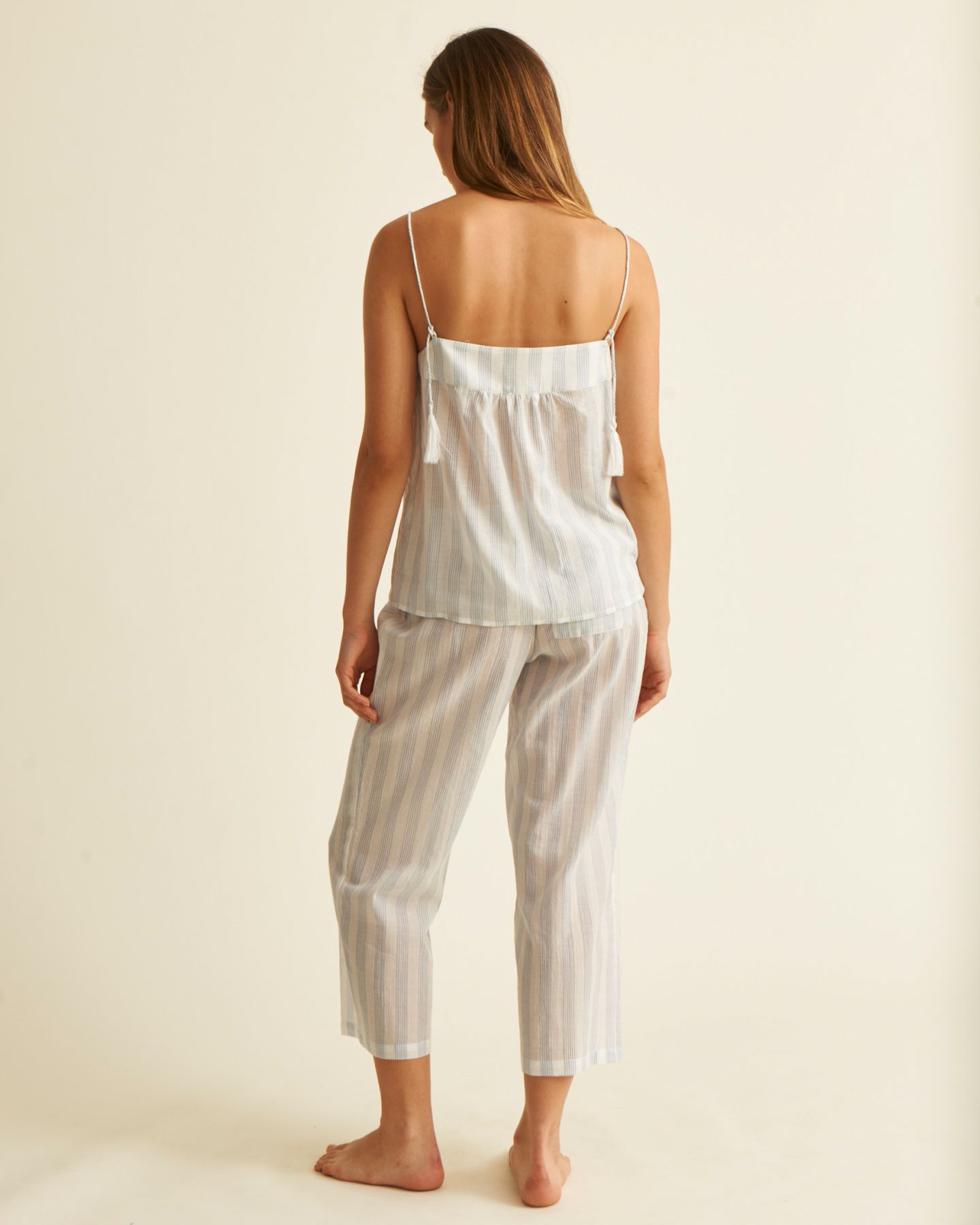 Skin Crinkle Cotton Stripe Shirred Cami in blue