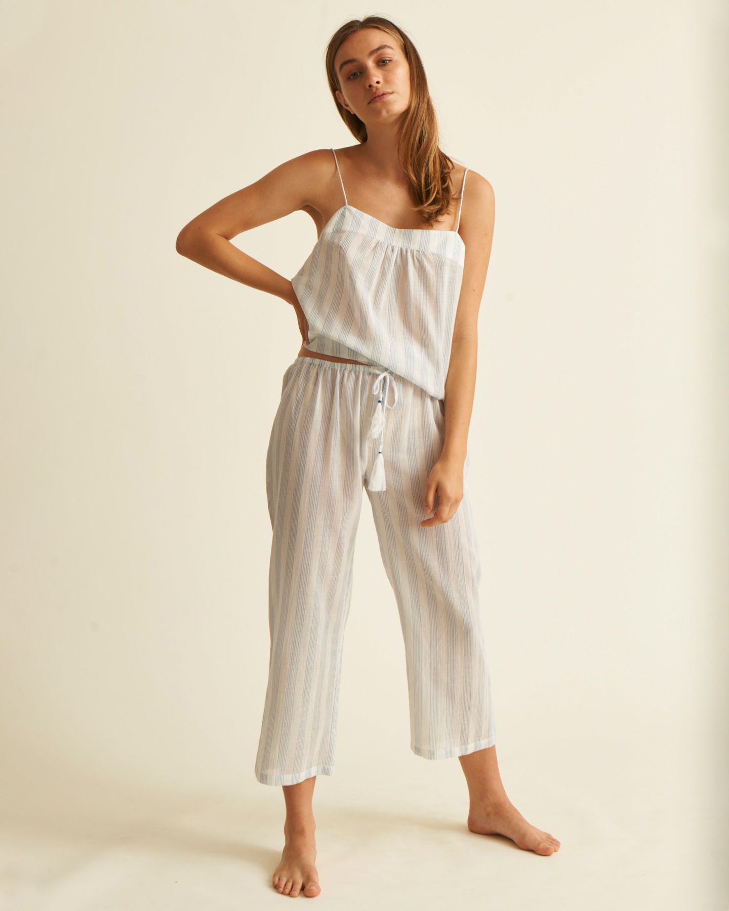 Skin Crinkle Cotton Stripe Drawstring Pant in blue