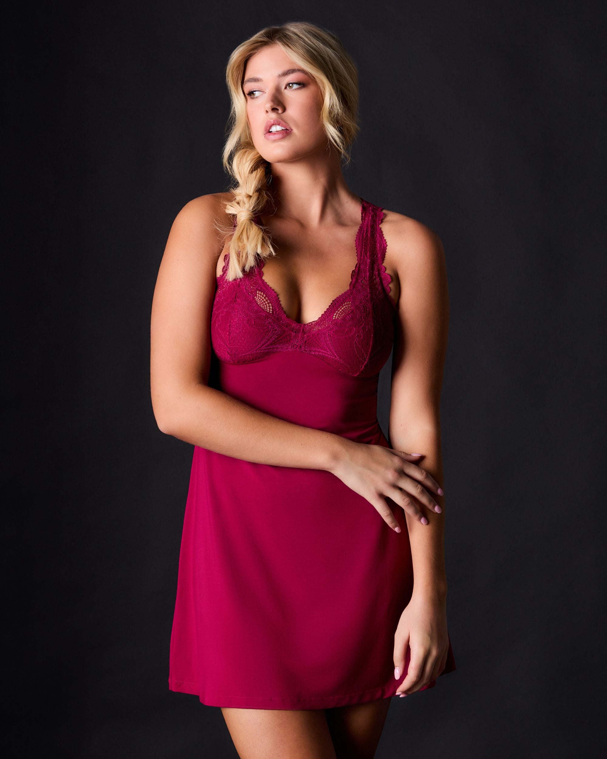 Fleur't Belle Epoque Lace T-Back Chemise in red