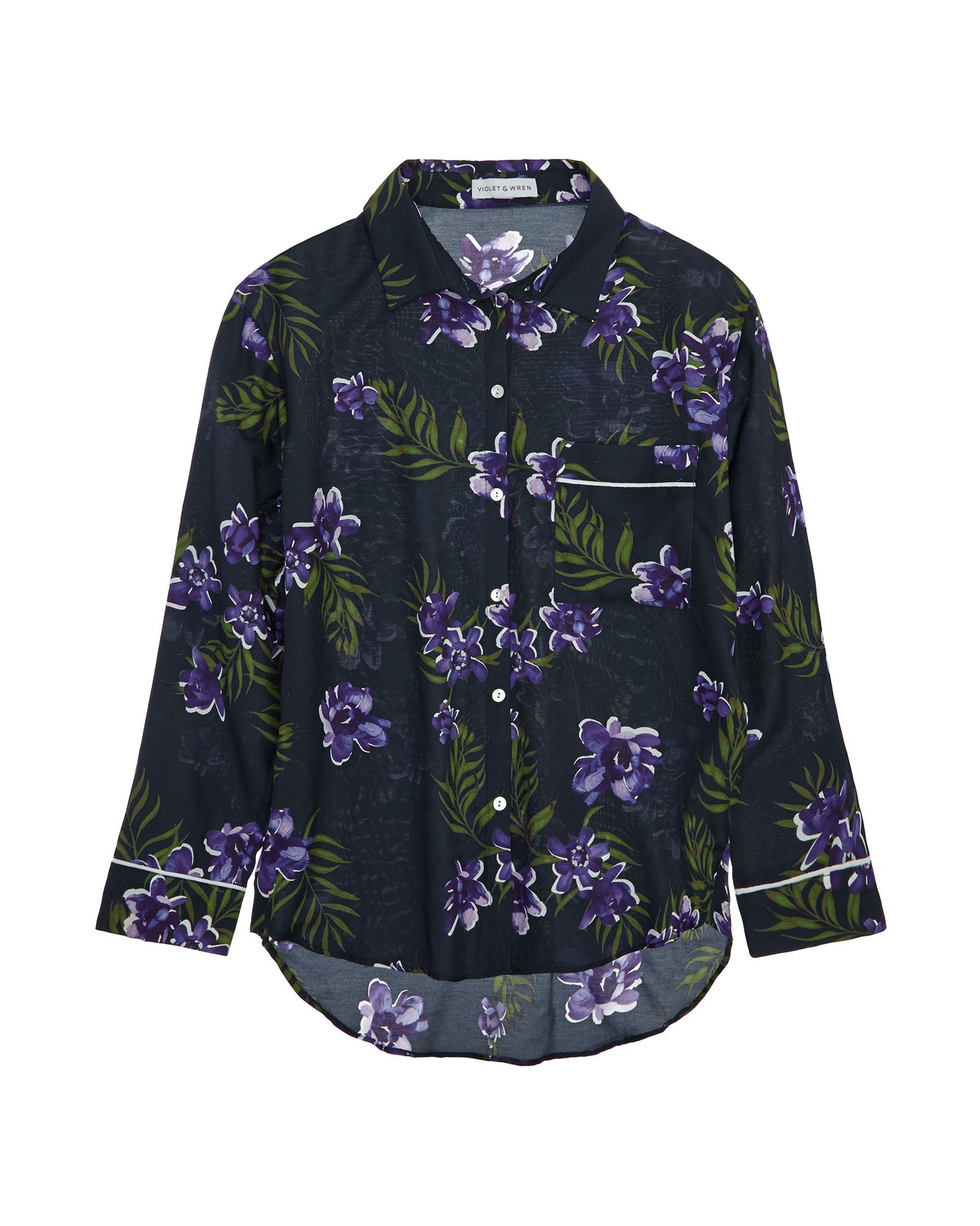 Violet & Wren Calycanthus Silk Cotton Pyjama Shirt in blue