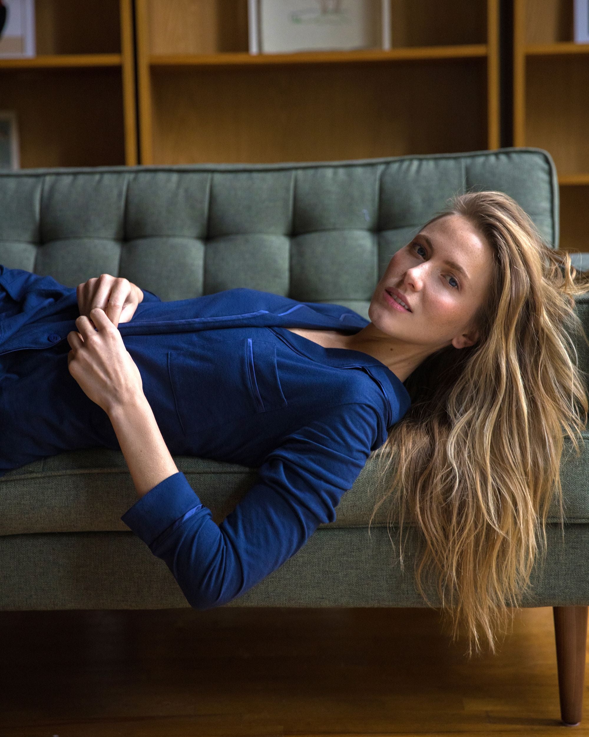 Cosabella Bella Relaxed Long Sleeve Top and Pant Pajama Set in blue