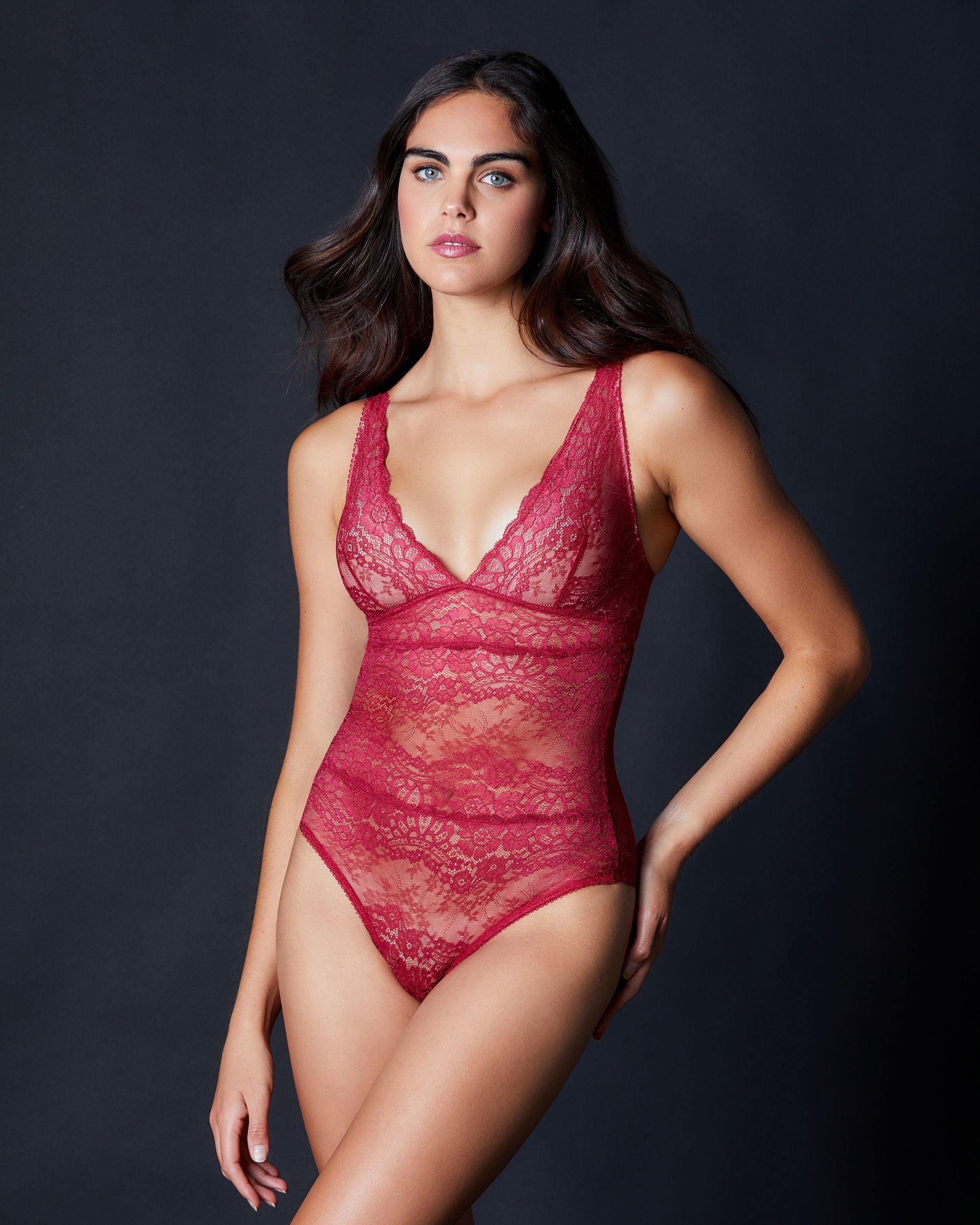 Samantha Chang All Lace Boudoir Bodysuit in red