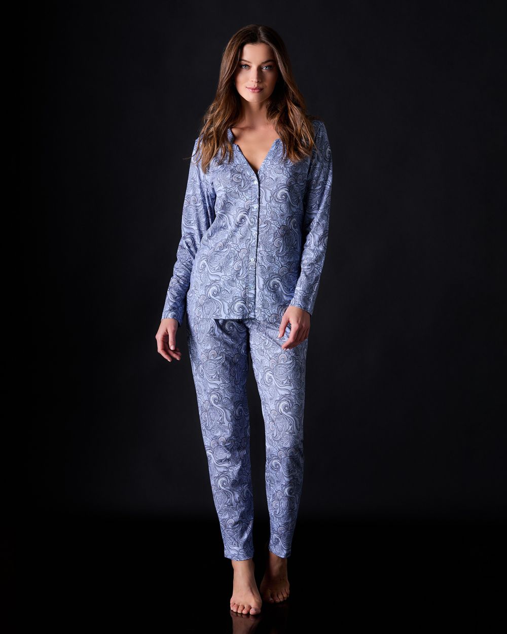 Hanro Jersey Long Sleeve Print Shirt in blue