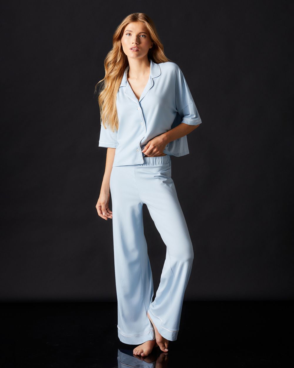 Journelle Lilly Boxy Crop Short Sleeve & Wide Leg Pant in blue