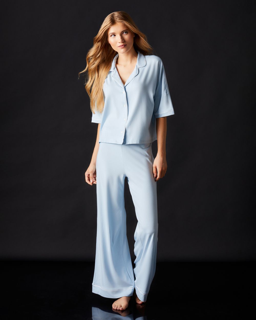Journelle Lilly Boxy Crop Short Sleeve & Wide Leg Pant in blue