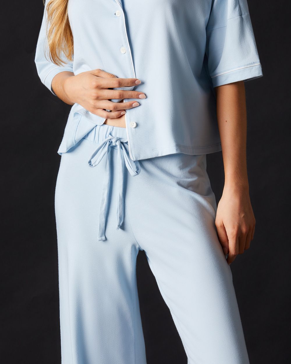 Journelle Lilly Boxy Crop Short Sleeve & Wide Leg Pant in blue