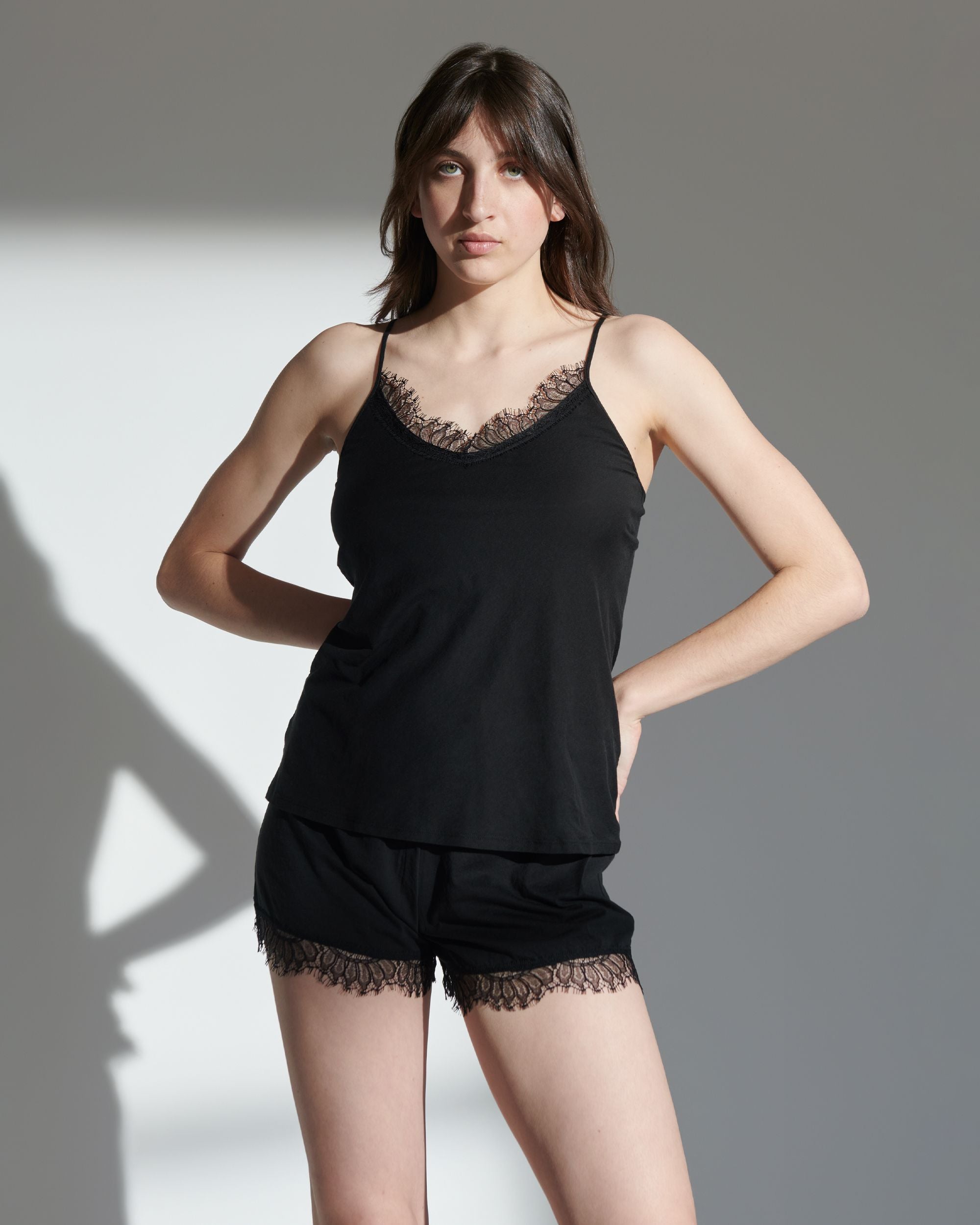 Skin Pima Cotton Short with Lace Trim in black