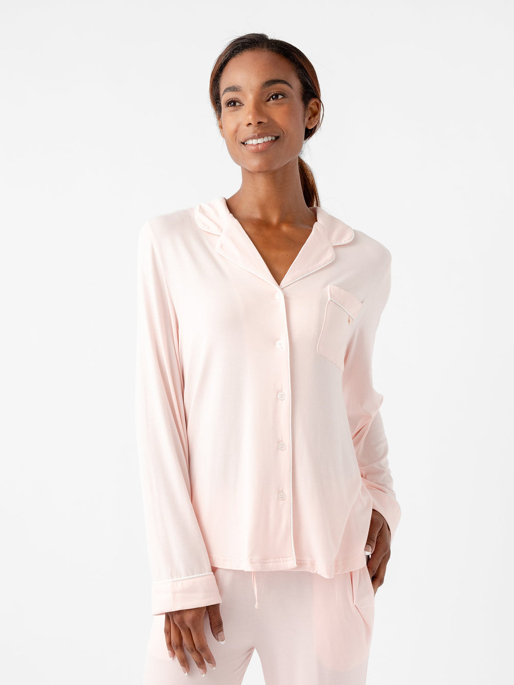 Women's Bamboo Stretch-Knit Long Sleeve Pajama Top - Tall in black - lifestyle | Cozy Earth