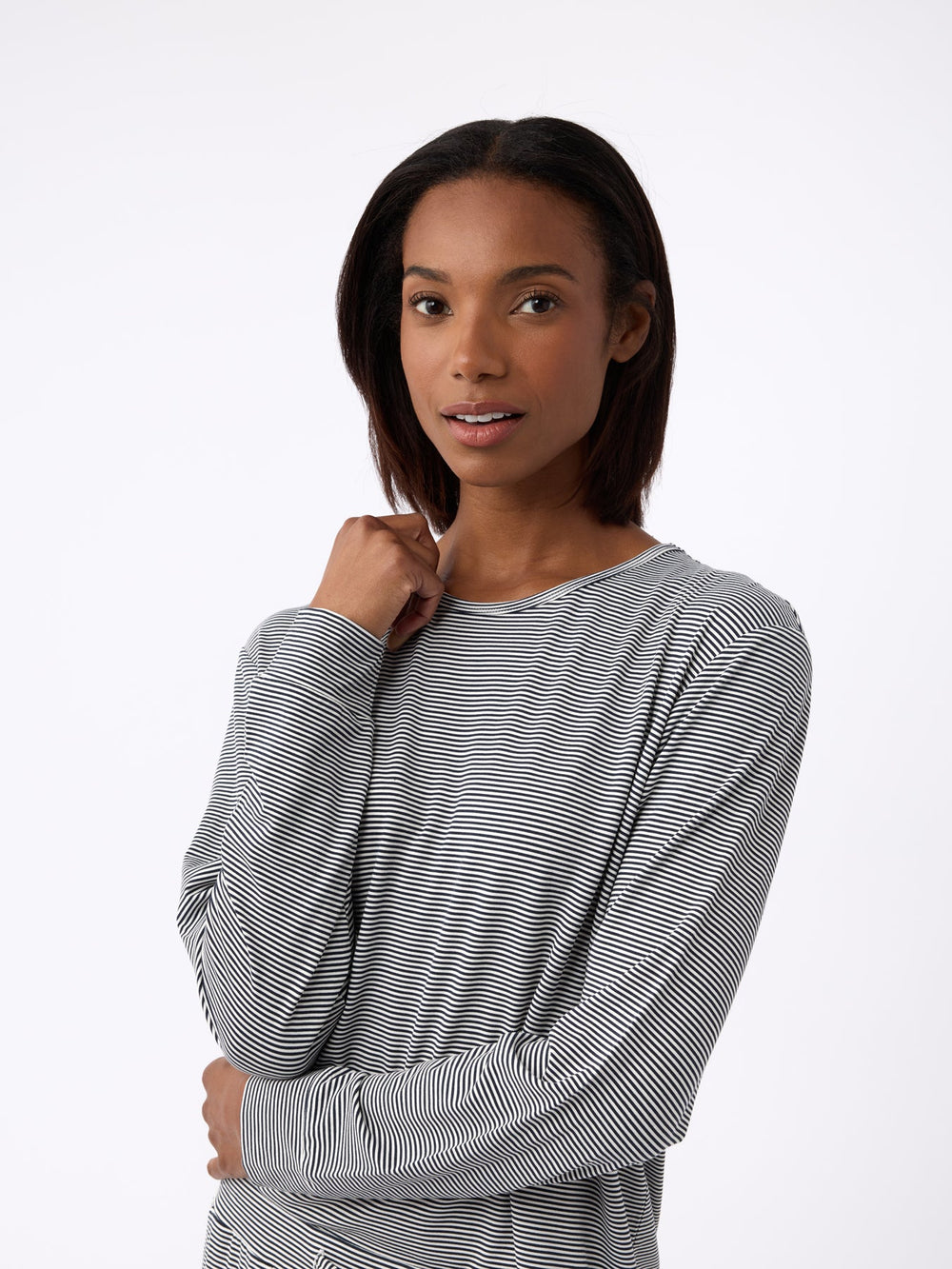 Women's Bamboo Stretch-Knit Long Sleeve Lounge Tee in black - lifestyle | Cozy Earth