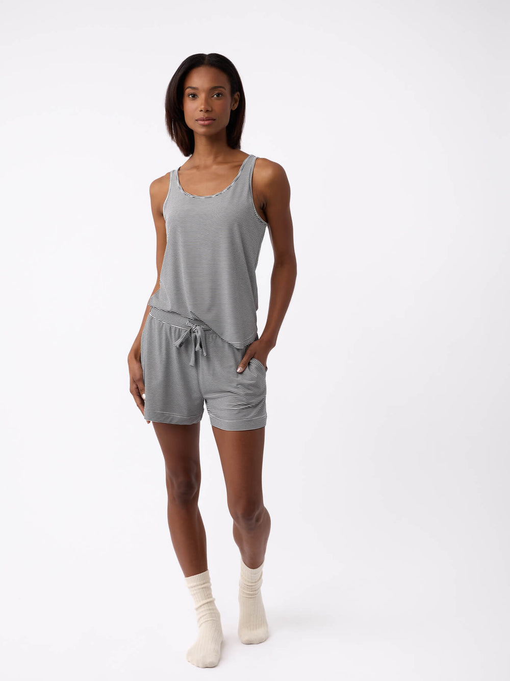 Women's Bamboo Stretch-Knit Lounge Tank in black - lifestyle | Cozy Earth