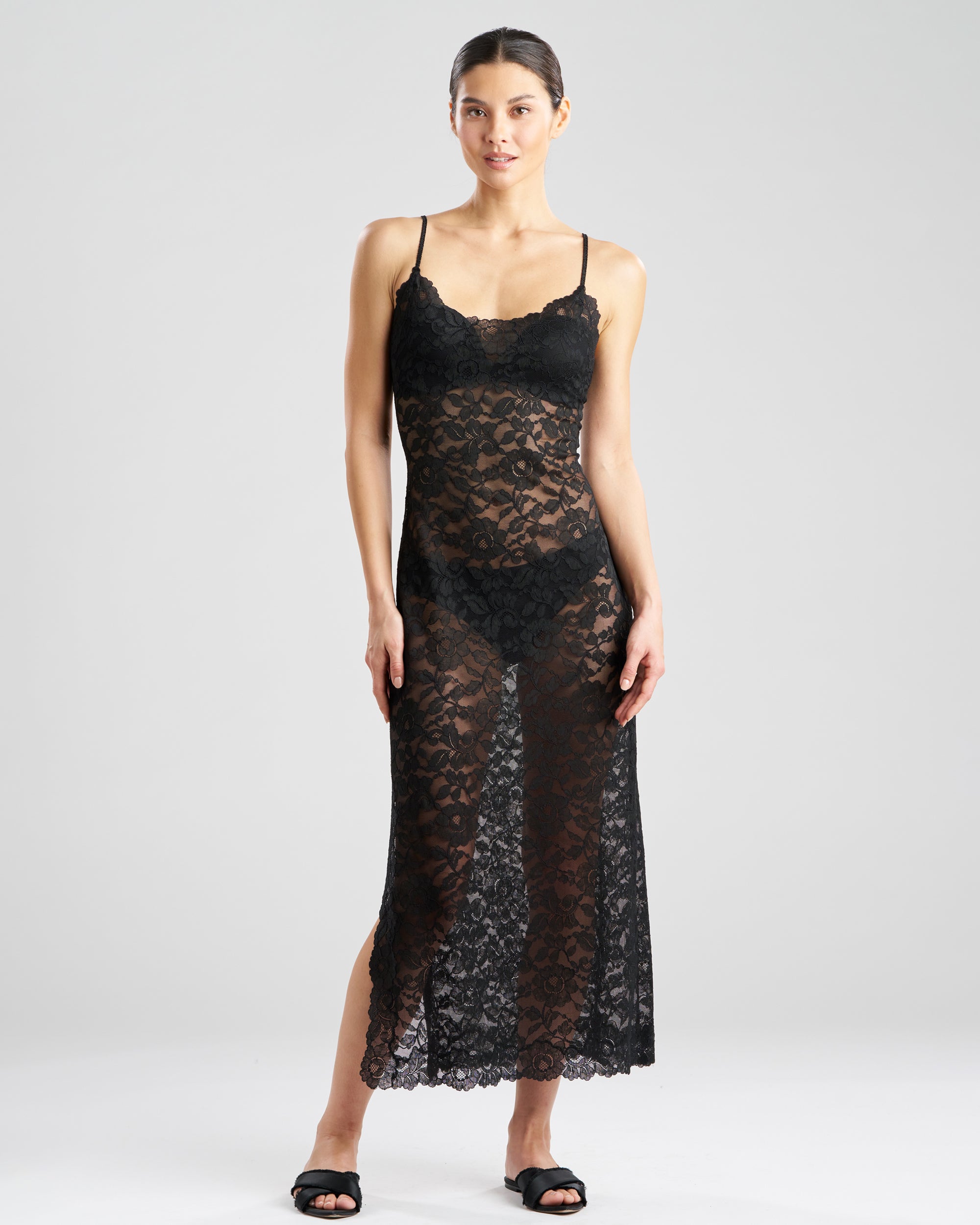 Natori Allover Lace Long Slip Dress in black