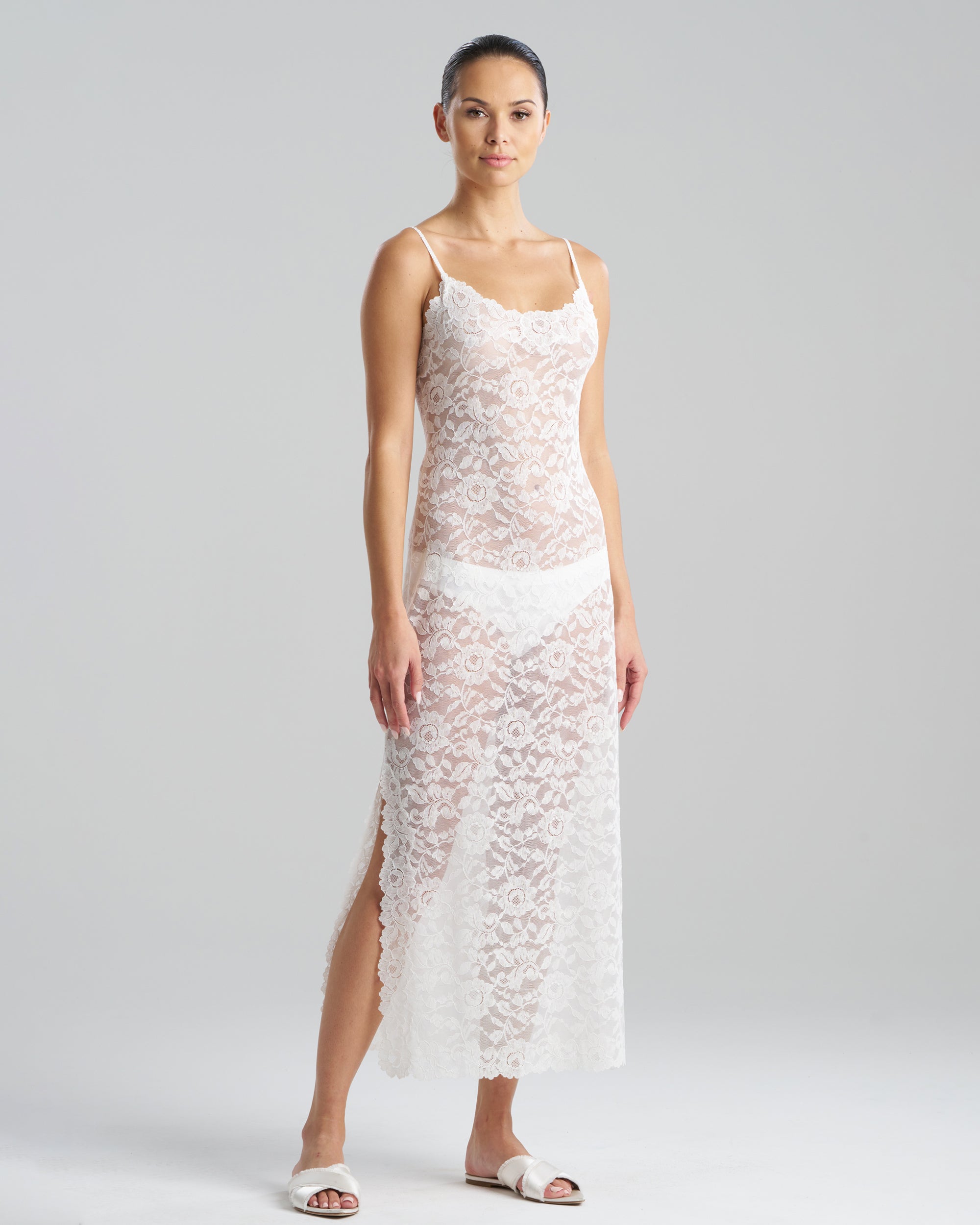 Natori Allover Lace Long Slip Dress in white
