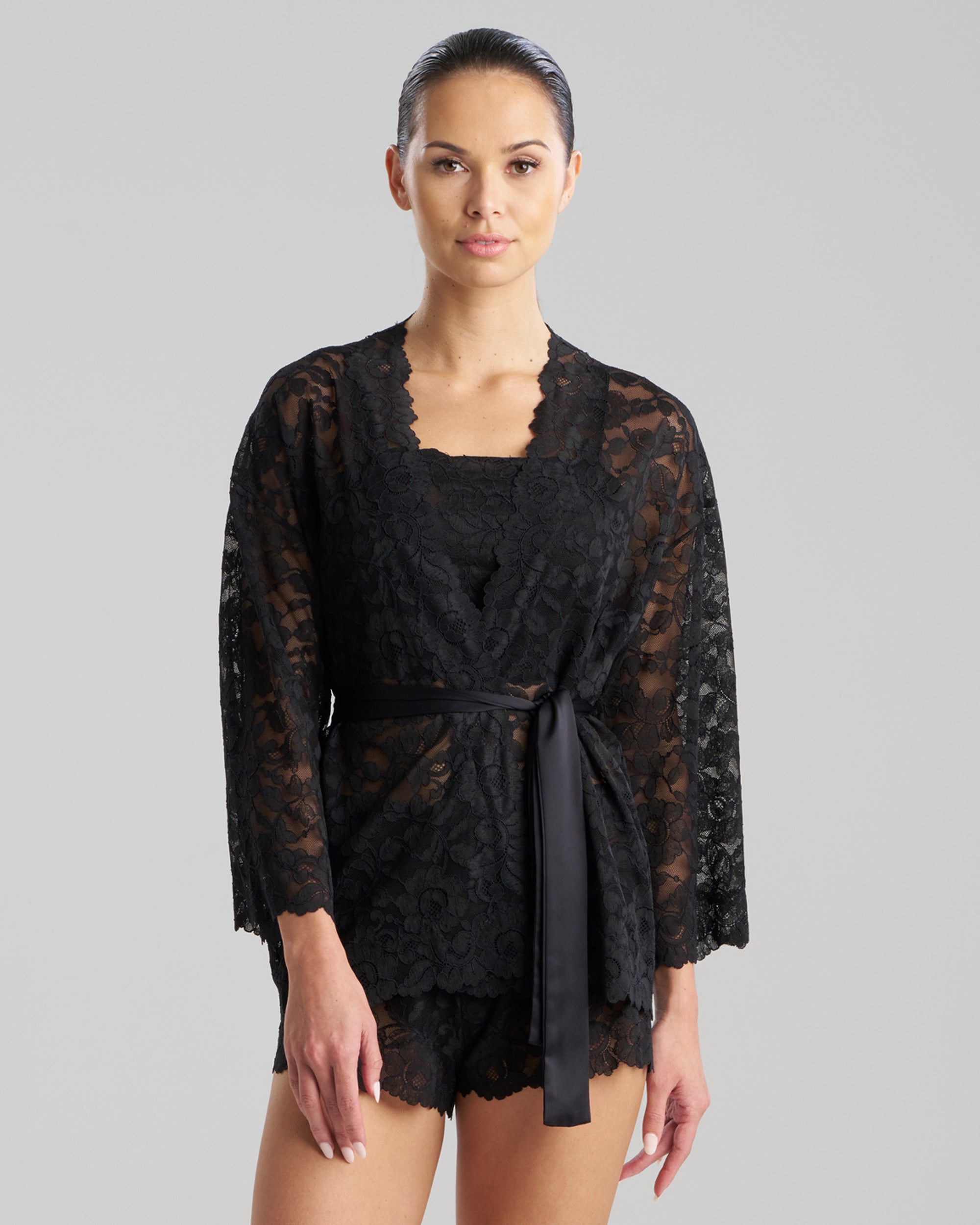 Natori Allover Lace Wide Sleeve Wrap in black