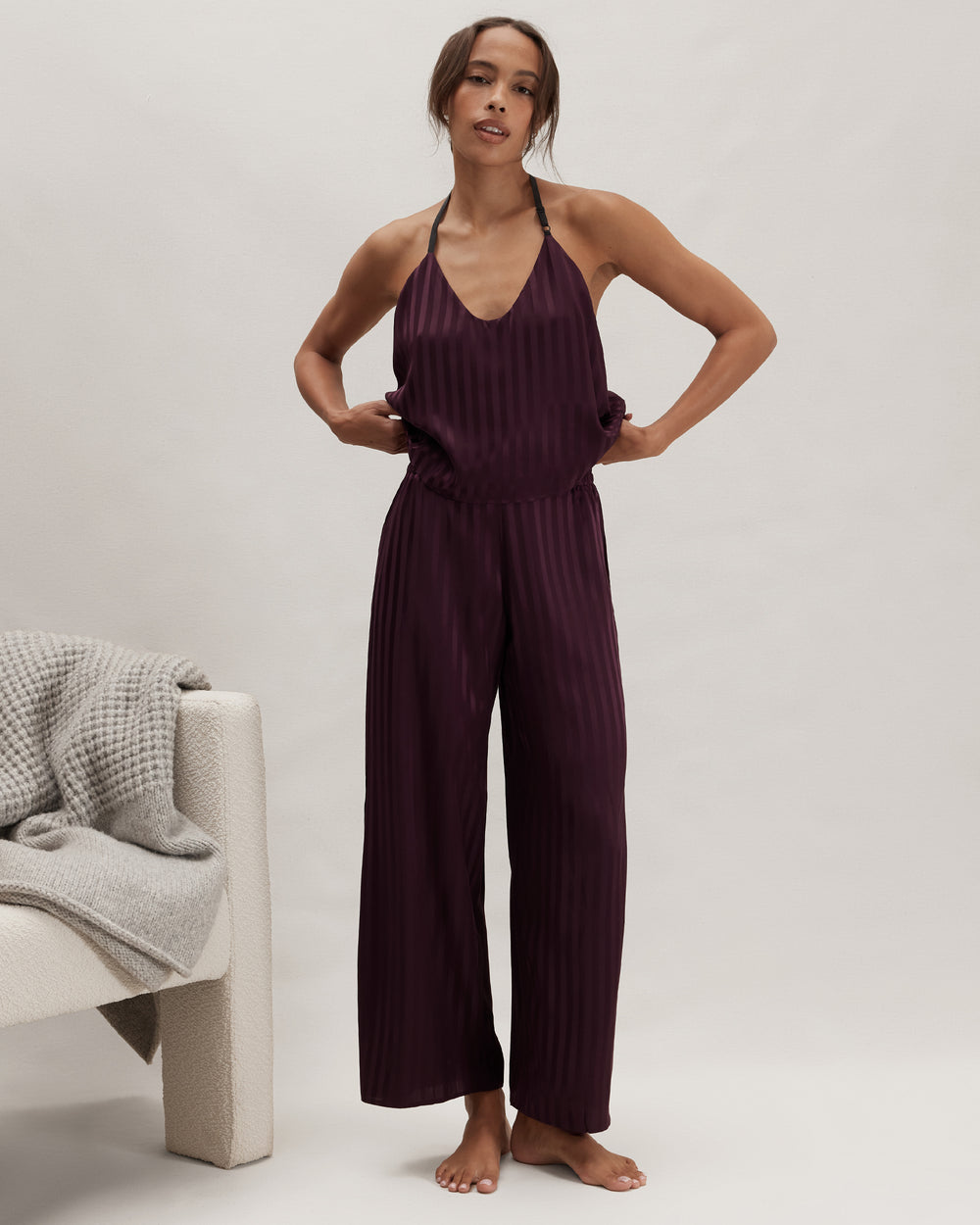 Lunya Washable Silk Striped Jacquard Cami Pant Set in red