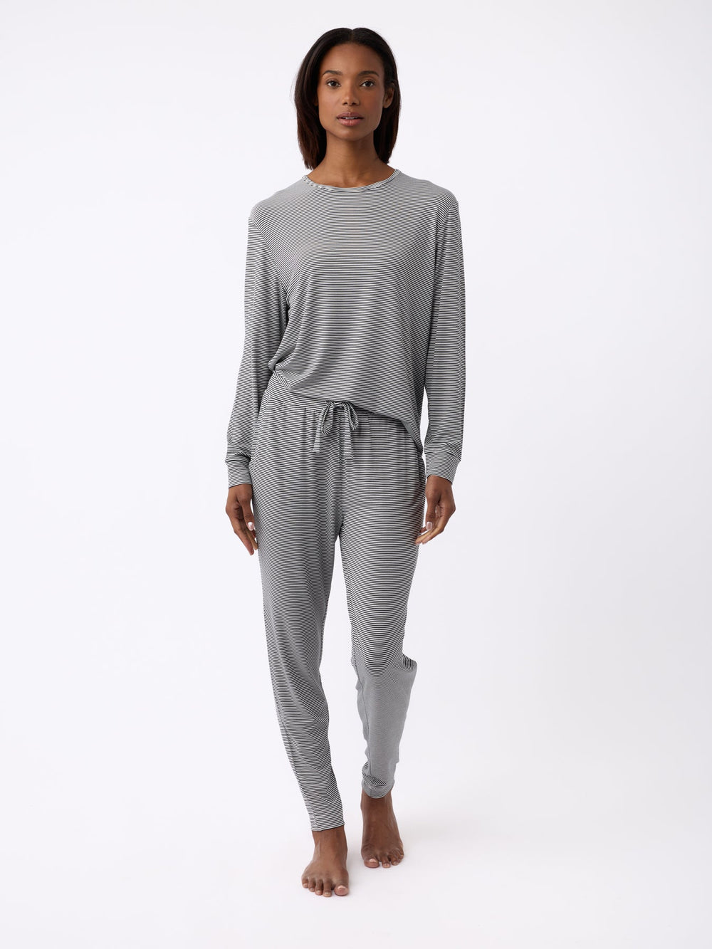 Women's Bamboo Stretch-Knit Long Sleeve Lounge Tee in black - lifestyle | Cozy Earth