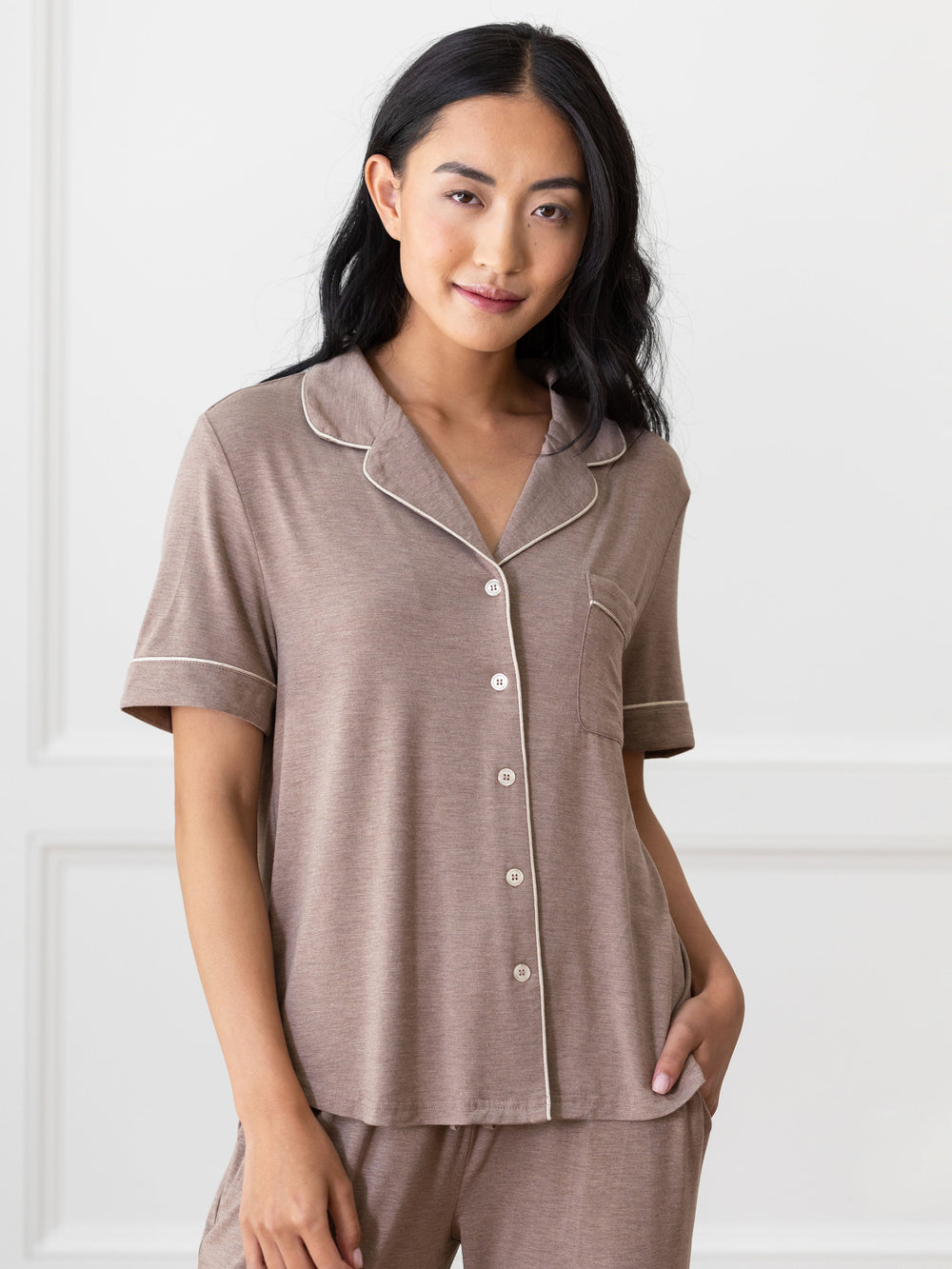 Women's Bamboo Stretch-Knit Short Sleeve Pajama Top (Collective) in white - lifestyle | Cozy Earth