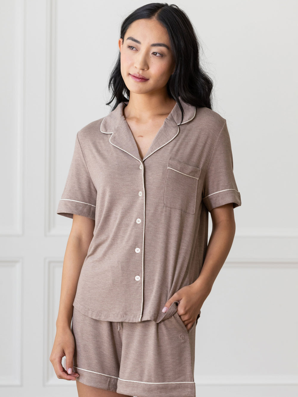 Women's Bamboo Stretch-Knit Short Sleeve Pajama Top (Collective) in white - lifestyle | Cozy Earth