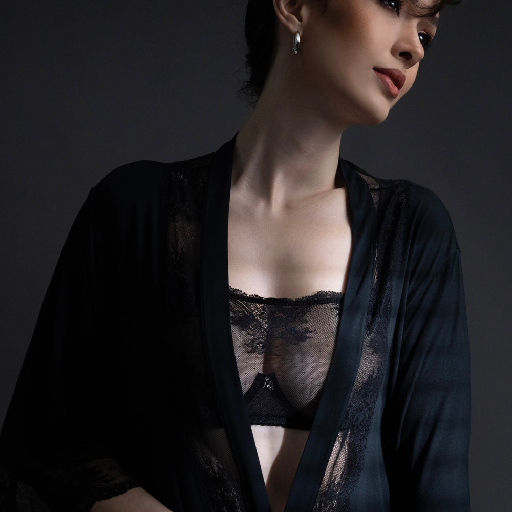 Kim High Neck Sheer Lace Underwire Bra in blue | Amour d'Agnette