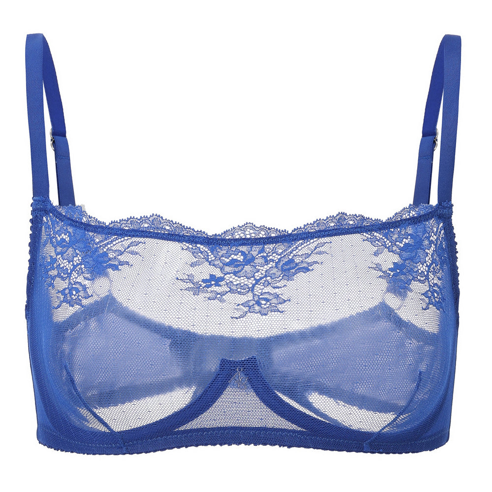 Kim High Neck Sheer Lace Underwire Bra in blue | Amour d'Agnette