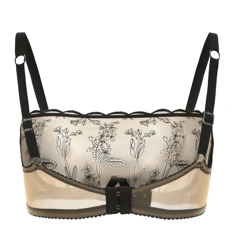 Kim High Neck Floral Embroidered Underwire Bra on Jelly Fabric in beige | Amour d'Agnette