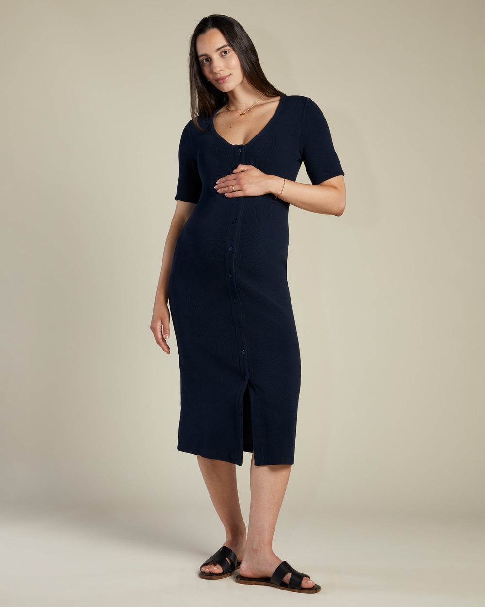 A Pea In the Pod Nurture Short Sleeve Button Down Midi Dress in blue