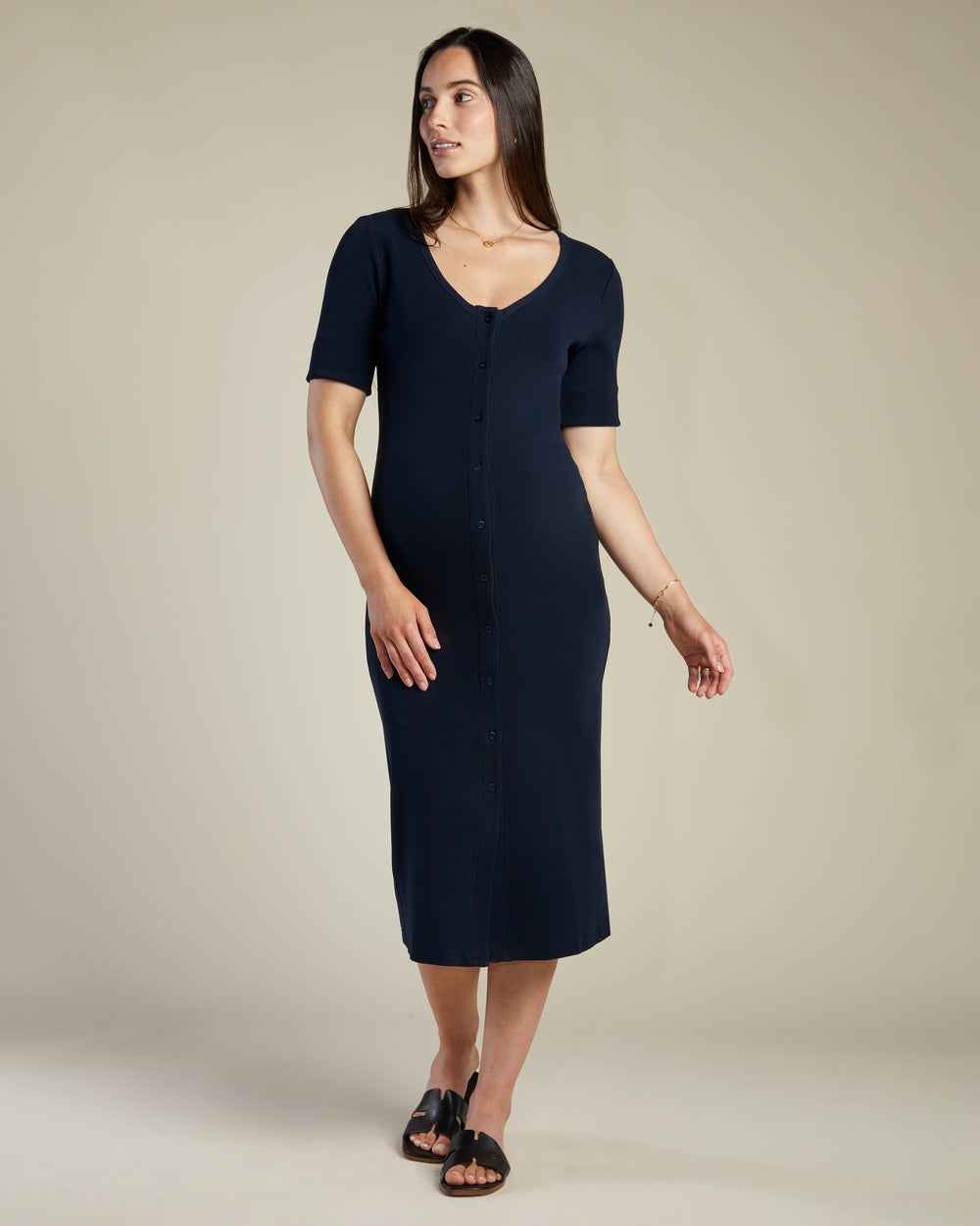 A Pea In the Pod Nurture Short Sleeve Button Down Midi Dress in blue