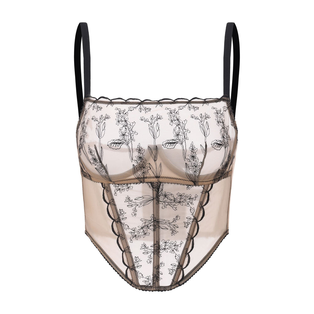 Kim High-Neck Embroidery Bustier on Jelly Fabric in beige | Amour d'Agnette