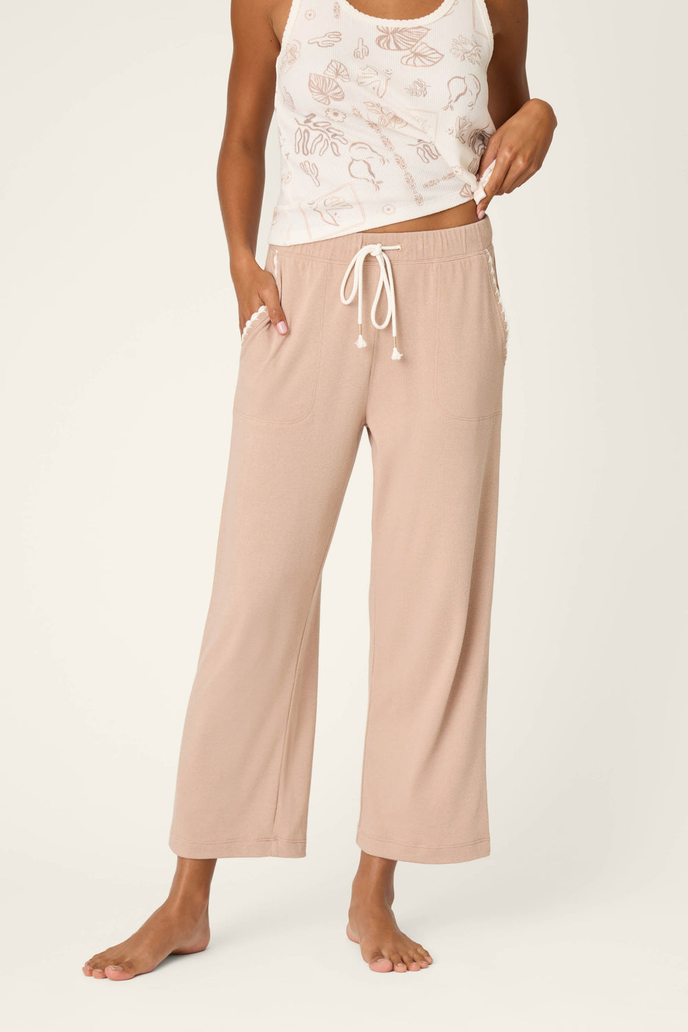P.J. Salvage Palms Away Warm Taupe Cropped Lounge Pants in beige