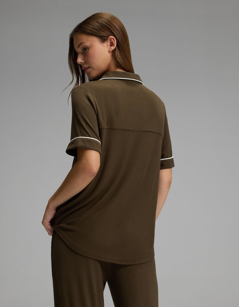 Women's Bamboo Rib-Knit Classic Short Sleeve Pajama Top in blue | Cozy Earth