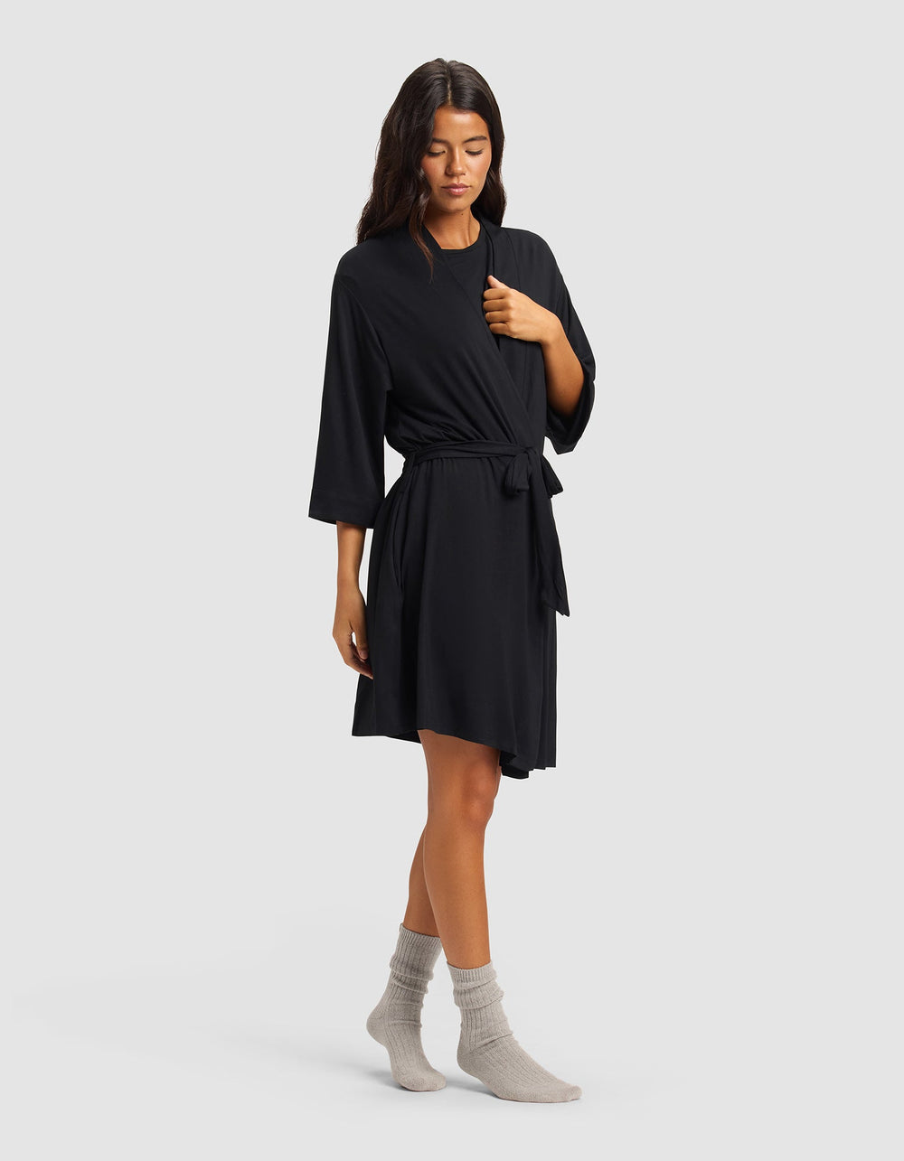 Women's Bamboo Stretch-Knit Kimono Robe in gray | Cozy Earth
