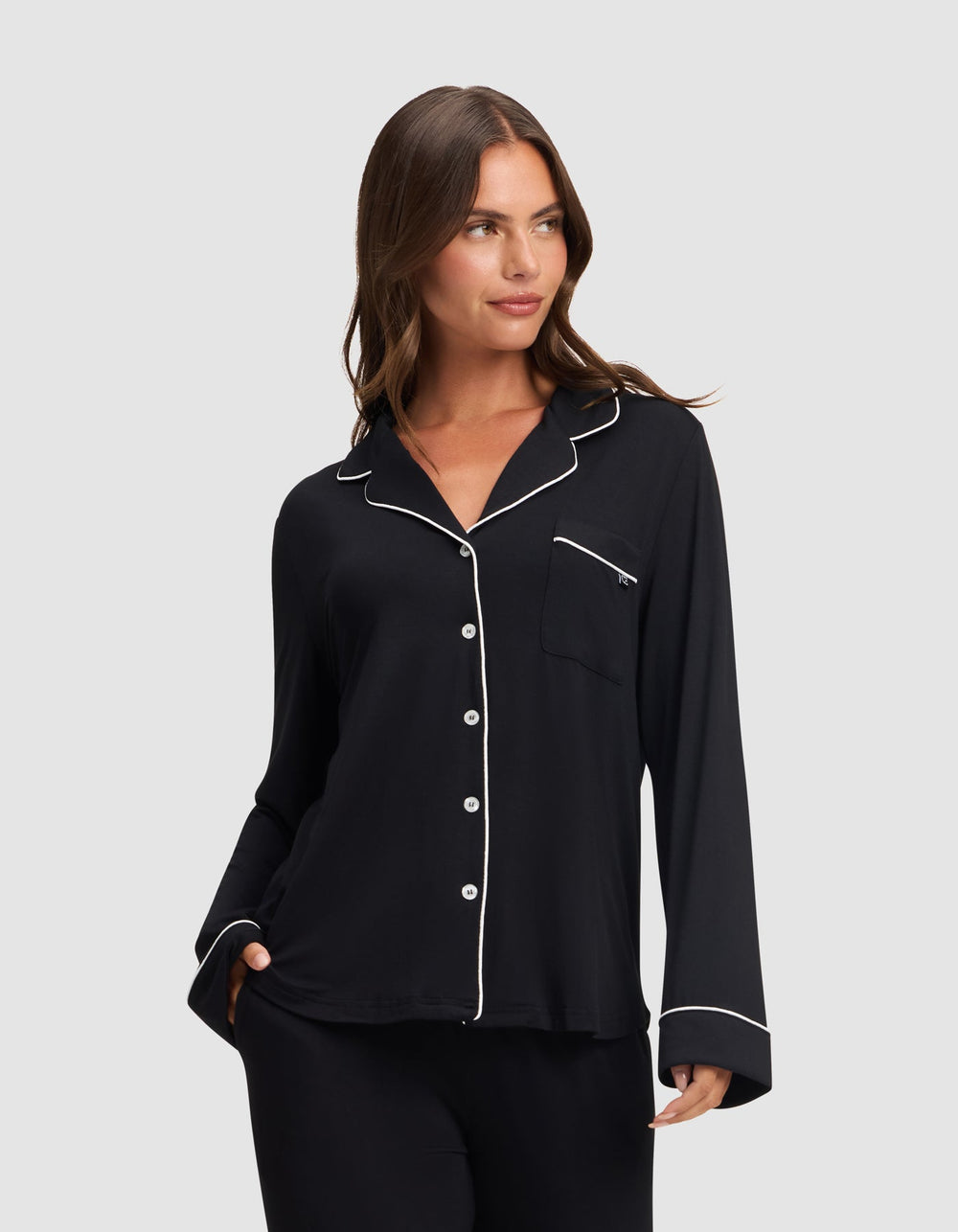 Women's Bamboo Stretch-Knit Long Sleeve Pajama Top - Tall in black | Cozy Earth
