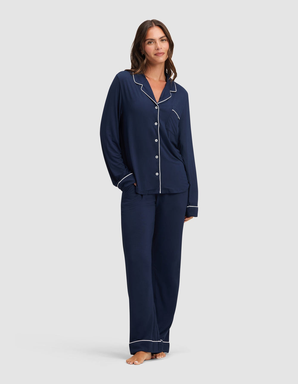 Women's Bamboo Stretch-Knit Long Sleeve Pajama Set (Collective) in blue | Cozy Earth
