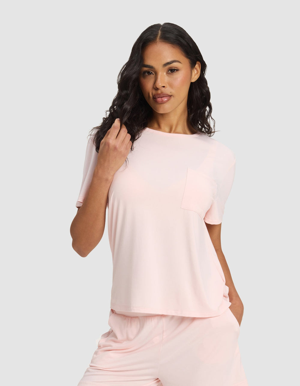 Women's Bamboo Stretch-Knit Lounge Tee & Pants Set in pink | Cozy Earth