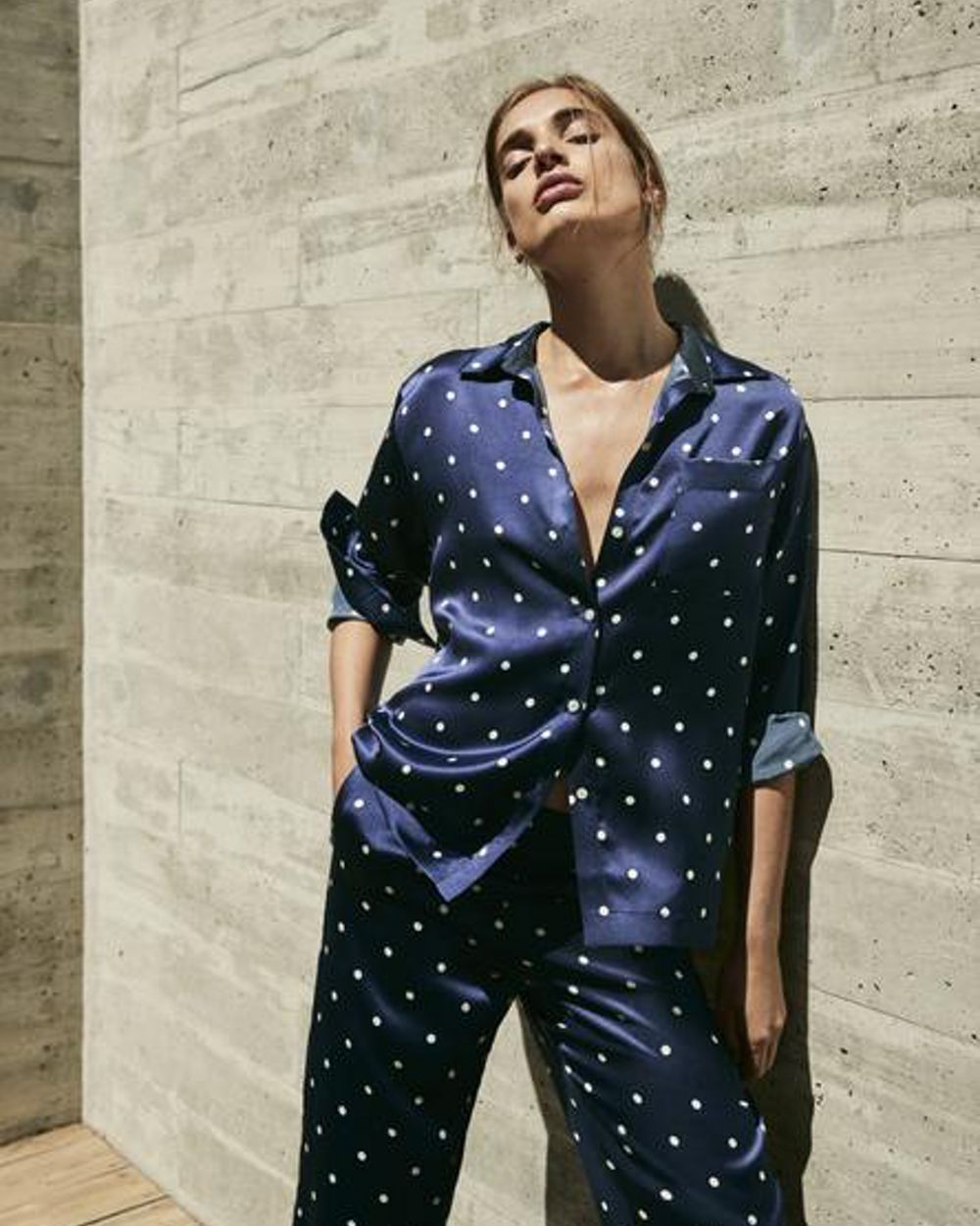 Asceno Navy Polka Pyjama Top in blue