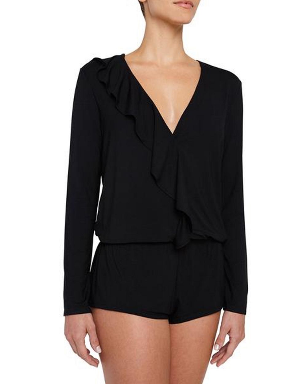 Eberjey Ivy Flounce Long Sleeve Teddy in black