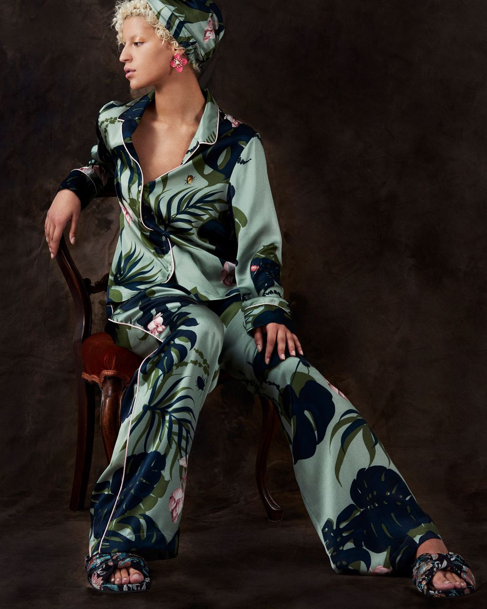 Violet & Wren Botanist Pyjama Top in green