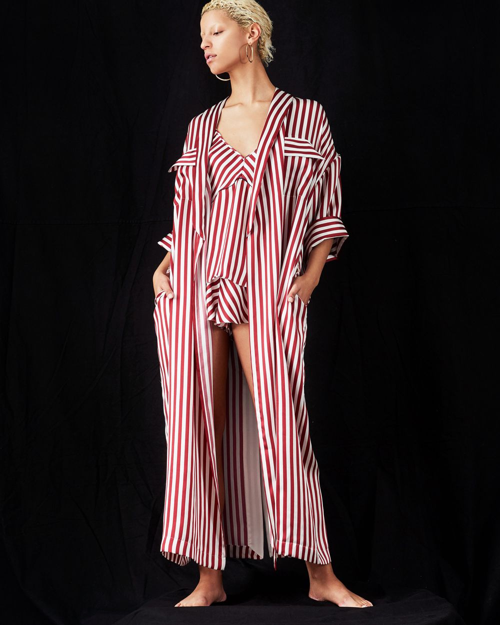 Violet & Wren Crimson Stripe Longline Kimono in red