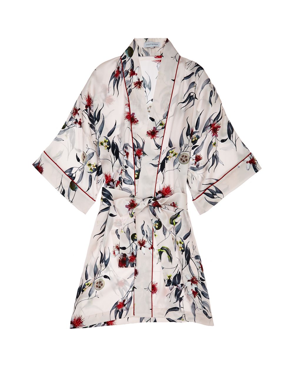 Violet & Wren Trailing Guava Piped Kimono in white