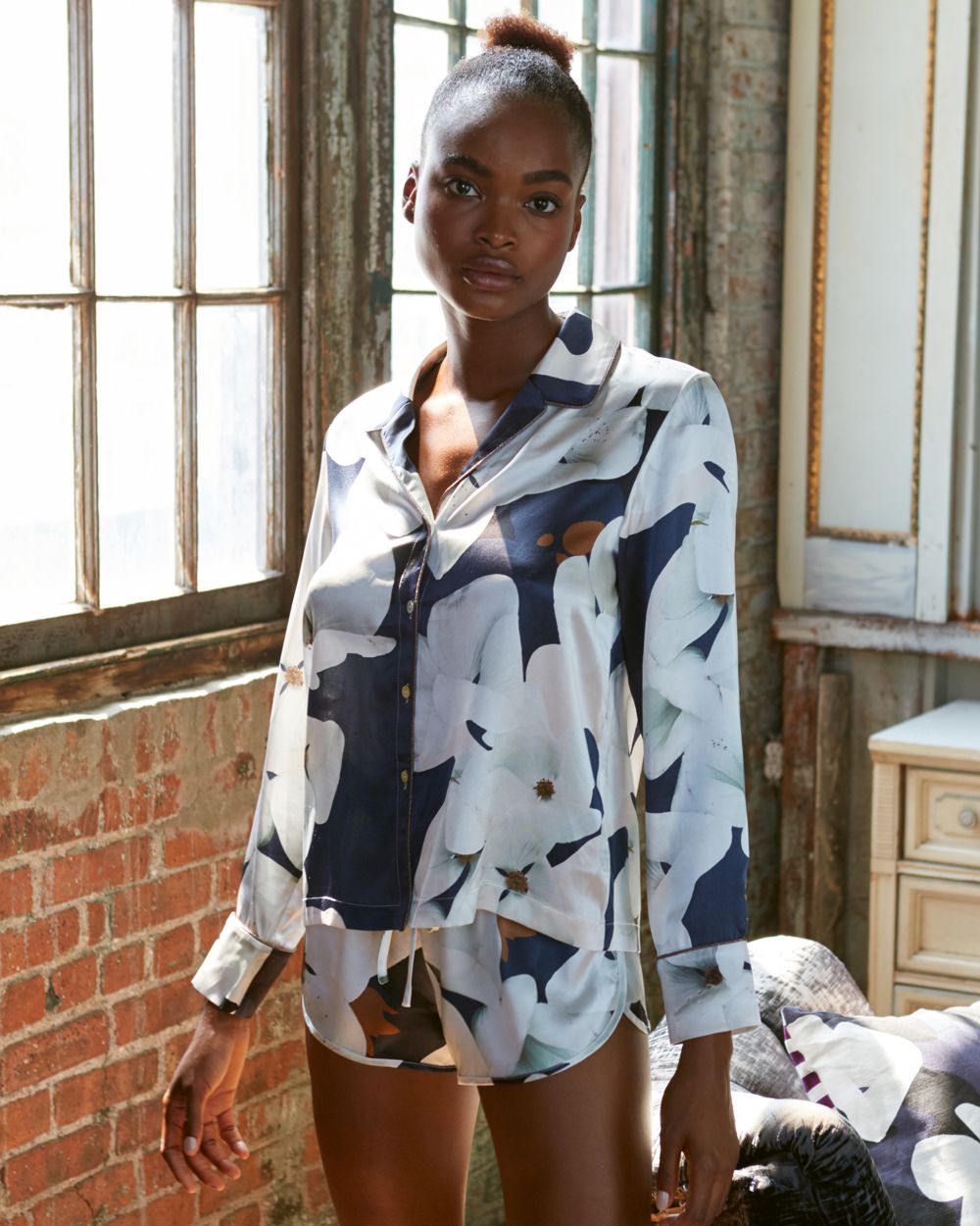 Violet & Wren Camo Bloom Pyjama Shirt in blue