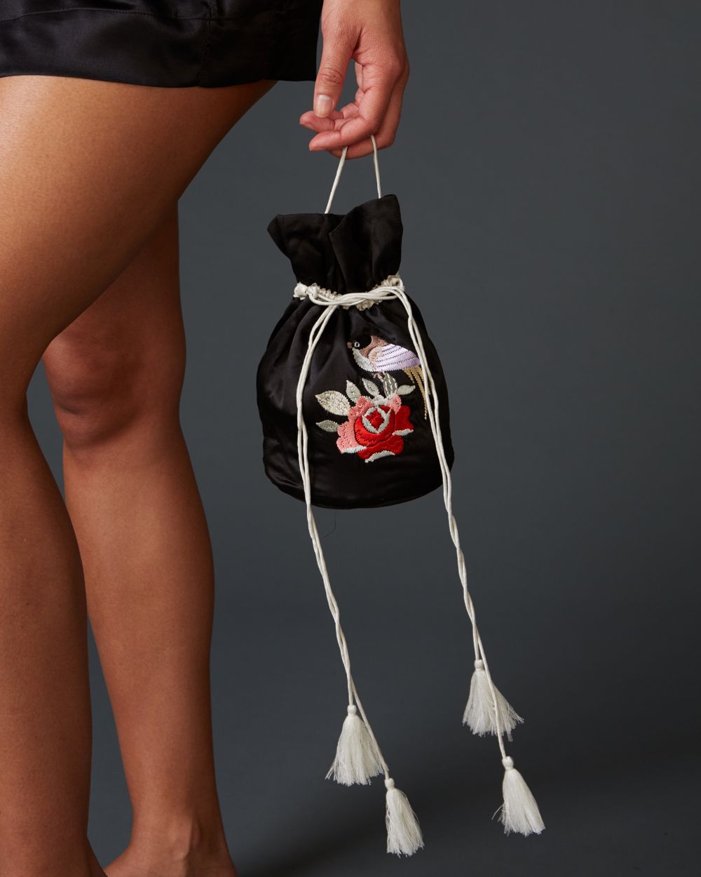 Morgan Lane Love Bird Embroidery Tassel Bag & Eyemask in black