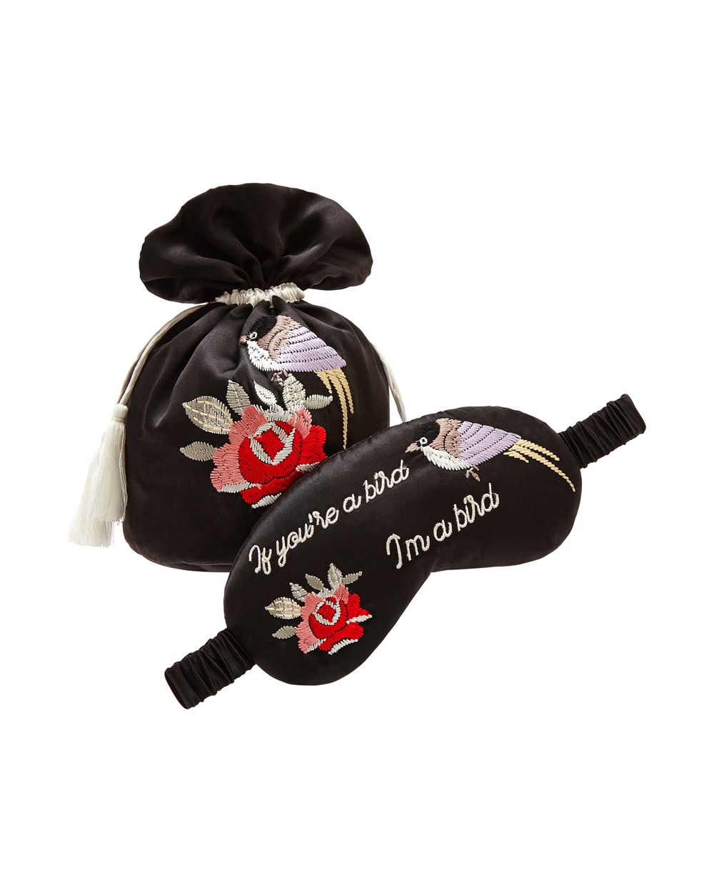 Morgan Lane Love Bird Embroidery Tassel Bag & Eyemask in black