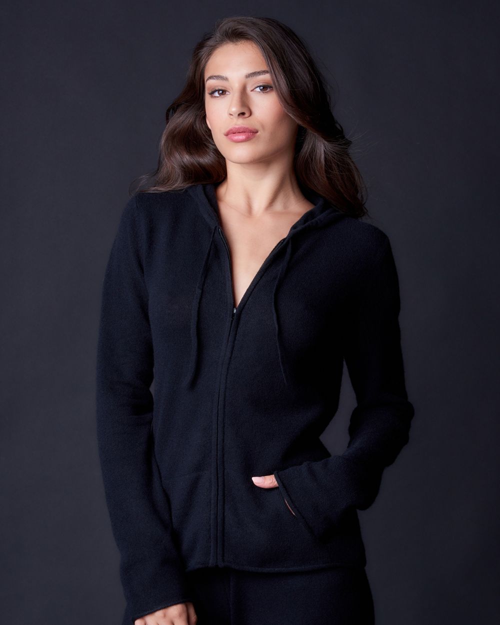Arlotta Cashmere Hoodie Jacket Front Zipper in black