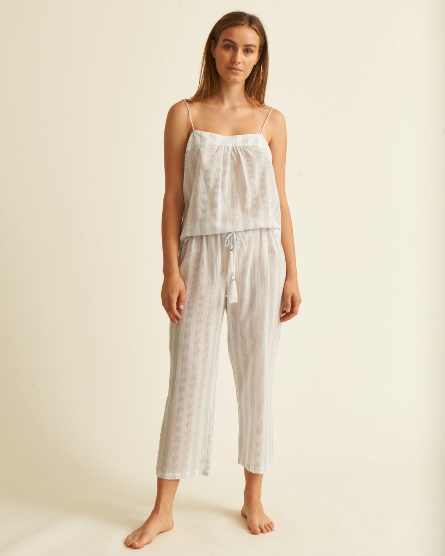 Skin Crinkle Cotton Stripe Shirred Cami in blue