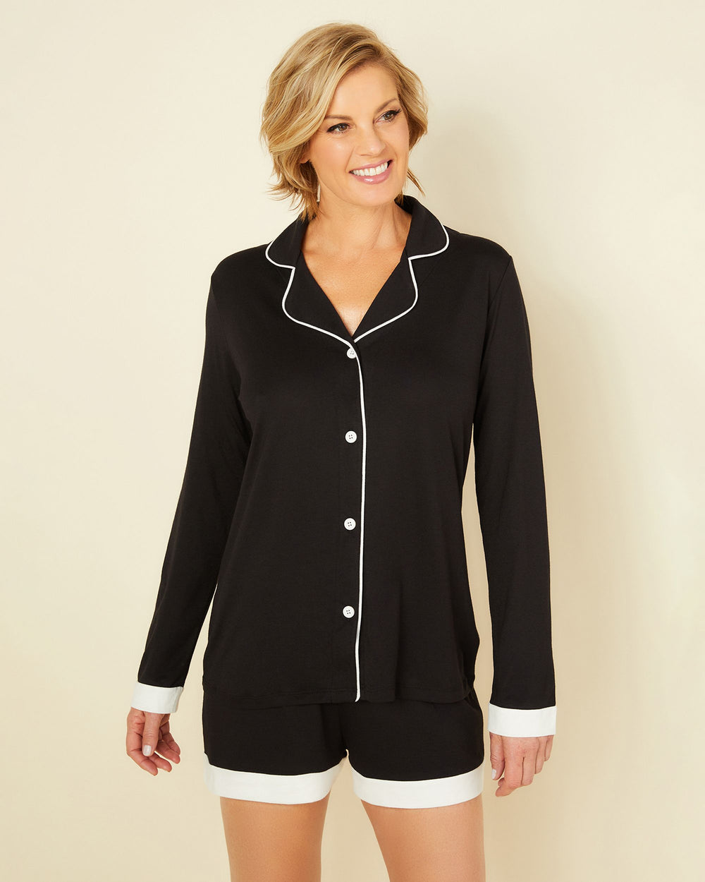Cosabella Bella Bridal Long Sleeve Top & Boxer Pajama Set in black